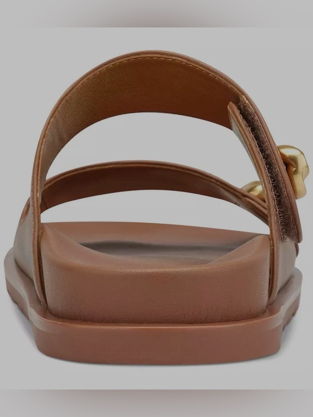 Donna Karan Hazley Cognac Leather Slip-On Sandals Double Strap Gold Accents 9 - Picture 10 of 15